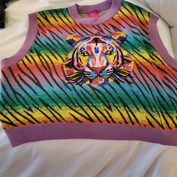 QUEEN OF SPARKLES Tops - Queen Of Sparkles Colorful Tiger Knit Sleeveless Sweater Vest - Lavender Trim